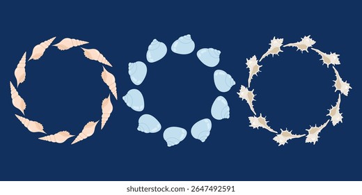 Seashell wreaths collection. Nautical marine decorative circle frames. Set summer frames. Space for text. For kids projects, greeting cards and ocean-themed designs.