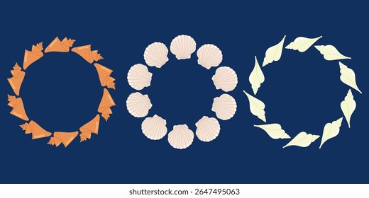 Seashell wreaths collection. Nautical marine decorative circle frames. Set summer frames. Space for text. For kids projects, greeting cards and ocean-themed designs.