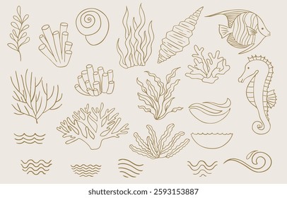 seashell,fish,sea horse outline icon with boho style