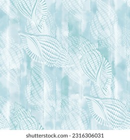 Seashells. Abstract vector seamless pattern on the marine theme on blue watercolor background.  Vector. Perfect for wallpaper, wrapping, fabric and textile.