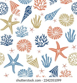 Seashells algae, corals and starfish seamless pattern