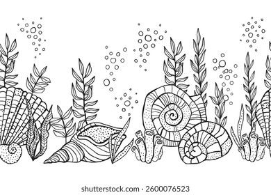 Seashells algae underwater world black and white hand drawn vector seamless border for coloring book stationery products