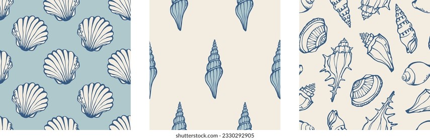 Seashells backgrounds set hand drawn blue marine bathroom wallpapers print design with different conch and cockle shells. Vector illustration.