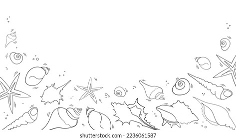 Seashells banner in doodle stile. One line drawing of a shell. Hand drawn marine illustrations of seashells. Summer tropical ocean beach style.