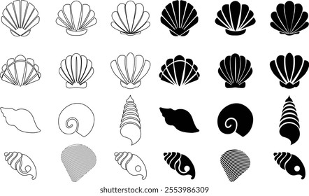 Seashells beach icon set mollusk shells customizable thin line and flat contour symbols. Various sea shells black collection isolated on transparent background. Perfect for invitations greeting cards.