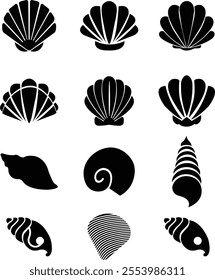 Seashells beach icon set mollusk shells customizable thin flat contour symbols. Various sea shells black collection isolated on transparent background. Perfect for invitations greeting cards.