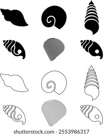 Seashells beach icon set mollusk shells customizable thin line and flat contour symbols. Various sea shells black collection isolated on transparent background. Perfect for invitations greeting cards.