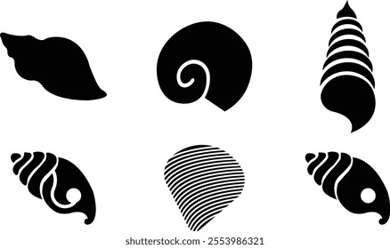 Seashells beach icon set mollusk shells customizable thin flat contour symbols. Various sea shells black collection isolated on transparent background. Perfect for invitations greeting cards.