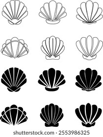 Seashells beach icon set mollusk shells customizable thin line and flat contour symbols. Various sea shells black collection isolated on transparent background. Perfect for invitations greeting cards.