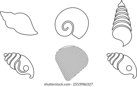 Seashells beach icon set mollusk shells customizable thin line contour symbols. Various sea shells black collection isolated on transparent background. Perfect for invitations greeting cards.