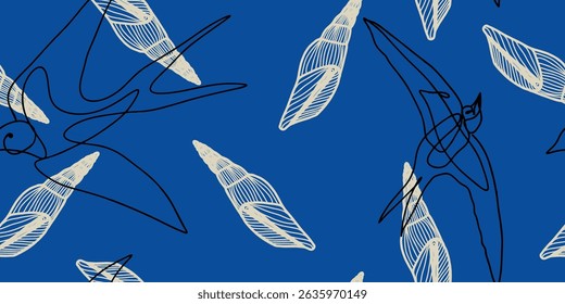 Seashells and birds pattern on blue background pattern