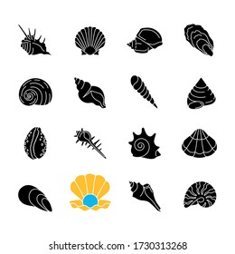 Seashells black glyph icons set on white space. Different mollusk shells, conchology silhouette symbols. Decorative ocean souvenirs. Various sea shells collection vector isolated illustrations