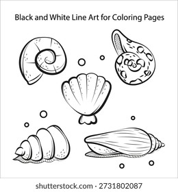 seashells black and white line art coloring page for children. Simple outline perfect for kids activities, classroom projects, and creative play. Printable vector illustration