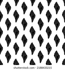 Seashells black and white seamless vector pattern background. Beautiful marine monochromatic illustration. Fashion print.