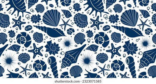 Seashells blue silhouette seamless pattern. Summer sea background. Hand drawn Shells, starfish, bubbles