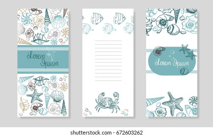 Seashells booklet design. Summer Sea Shells Banner Design. Hand Drawn Etching Style. Place for Your Text. Marine Flayer Template. 