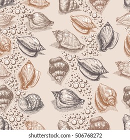 Seashells with bubbles hand drawn vector graphic etching sketch, seamless pattern, underwater artistic marine ornament, design for card, wallpaper, decorative texture, wrapping paper.