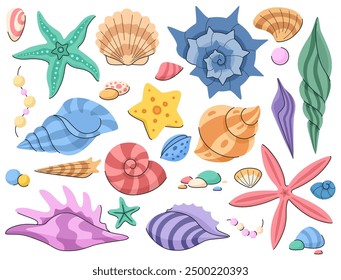 Seashells cartoon collection. Multicolored mollusks and starfish on a white background. Vector marine elements on a white background.