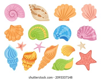 Seashells cartoon hand drawn set. Ocean marine shell, starfish spiral mollusk, conch sink. Tropical travel under water design elements flat colorful collection. Summertime isolated vector illustration