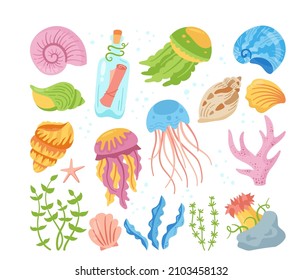 Seashells cartoon hand drawn set. Ocean marine coral, letter message, shell, starfish, spiral mollusk seaweed, conch and jellyfish. Under wate flat design elements. Isolated vector illustration