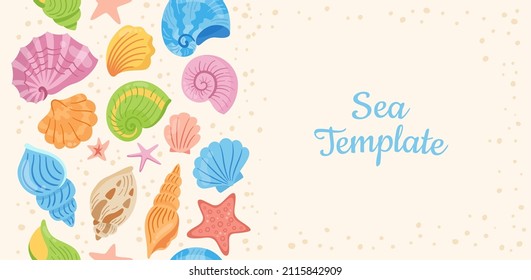 Fondo de la plantilla de dibujos animados de Seashells. El fondo del océano. Patrón de concha marina sin soldadura, molusco de pez estrella, fregadero de concha. Impresión bajo diseño de mano de agua. Vector interminable Scrapbook