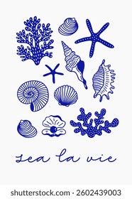 Seashells collection with aesthetic quote "sea la vie". Vintage Coastal wall art, greeting card, wedding invitation, postcard, logo design. Vector illustration