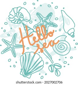 Seashells collection with handwritten text Hello Sea. Summer time circle icon concept. Vector illustration.