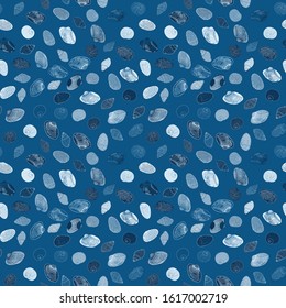 seashells collection scattered on classic blue background seamless vector pattern