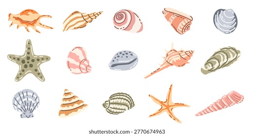 Seashells collection, starfish, marine life icons, hand drawn beach set, ocean shells illustration, colorful nautical elements, sea snail conch, isolated summer doodles