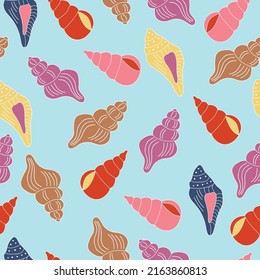 Seashells colorful vector seamless pattern. Marine background. Perfect for wallpaper, textile, wrapping and fashion print.