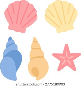 Seashells, conch shells and starfish on sandy beach