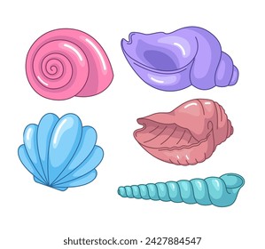 Seashells and conches, set of cartoon style vector illustrations. Sea, marine, beach drawing