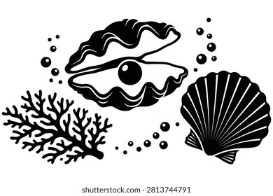 Seashells coral branches and bubbles depicted in black and white illustration style