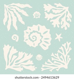 Seashells, coral and seaweed cutouts. Seaweed and corals on pastel blue background block print square composition. Sea holiday cut out collage elements set. Coastal design linocut elements collection.