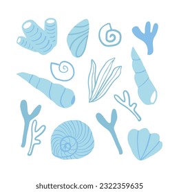 Seashells, coral and seaweeds elements. Hand drawn sea bottom graphic elements. Beach, summer, vacation.