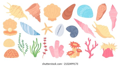 Muscheln, Korallen und Algen, Meereslebewesen. Clam, Kelp, Korallen, Muscheln, Seesterne, Meer- und Meeresunterwasserelemente, Vektorset