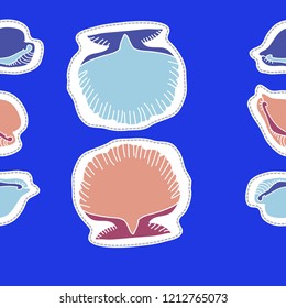 Seashells, cowry,  dashed lines, labels  seamless pattern . Hand drawn.