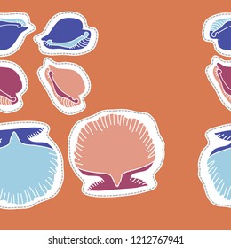 Seashells, cowry,  dashed lines, labels  seamless pattern . Hand drawn.