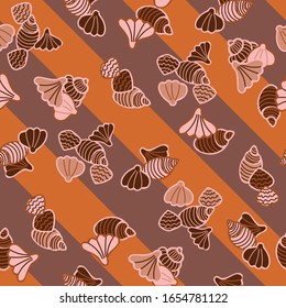 seashells and diagonal stripes seamless vector pattern in rust and brown