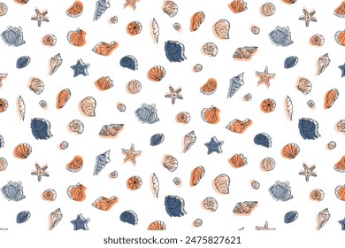 Seashells doodle hand drawn wallpaper. Ocean seashell, starfish spiral mollusk. Elements of water design repeat the ornament. Outline vector fabric texture