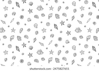 Seashells doodle hand drawn wallpaper. Ocean seashell, starfish spiral mollusk. Elements of water design repeat the ornament. Outline vector fabric texture