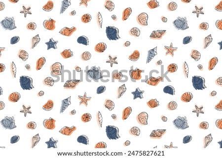 Seashells doodle hand drawn wallpaper. Ocean seashell, starfish spiral mollusk. Elements of water design repeat the ornament. Outline vector fabric texture