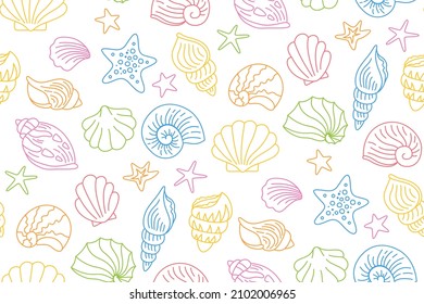 Seashells doodle multicolor wallpaper. Ocean marine shell, starfish mollusk, conch sink scrapbook seamless pattern. Outline repeat ornament. Contour hand drawn vector texture fabric packaging