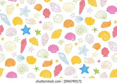 Seashells doodle, multicolor wrapper. Ocean marine shell seamless pattern, starfish mollusk, conch sink scrapbook paper. Print under water outline hand drawn design elements. Contour endless vector