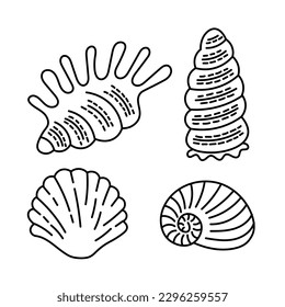 Juego de garabatos de las casetas. Colección de conchas de arte de la línea negra. Ilustración vectorial aislada