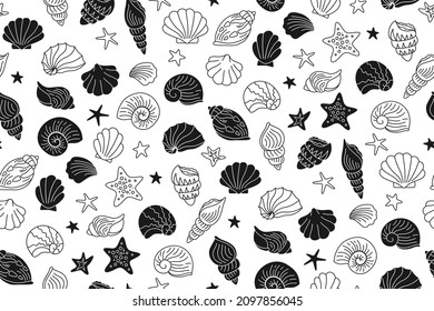Seashells doodle, stamp hand drawn wrapper. Ocean marine shell seamless pattern, starfish mollusk, conch sink scrapbook paper. Print under water outline design elements. Contour endless vector