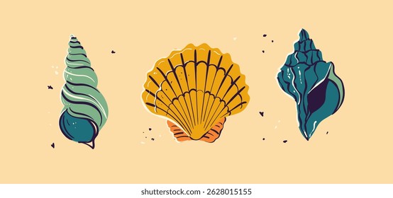 Conchas rabiscar vetor mão desenhada ilustração. Design geométrico bonito mediterrâneo, têxtil, fundo, papel.