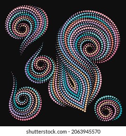 Seashells of dots. Isolated objects on a black background. Vector logo set.	