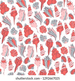 Seashells Drawn in Doodle Style on White Background. Ocean Seamless Vector Pattern. 
