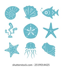 Seashells, fish, jellyfish, seaweed, starfish bundle 